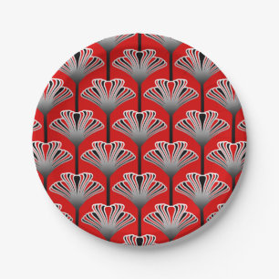 Art Deco Lily, Deep Red und Silver Gray / Grau Pappteller