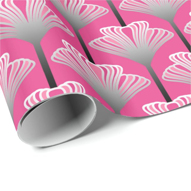 Art Deco Lily, Fuchsia Pink und Silver Grau Geschenkpapier (Rolleneckpunkt)