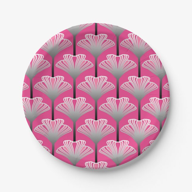 Art Deco Lily, Fuchsia Pink und Silver Grau Pappteller (Vorderseite)