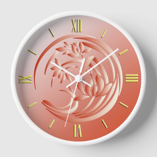 Art Deco Lily Muster - Korallenorange Uhr (Vorderseite)