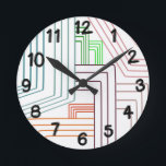 Art Deco Lines Round Clock Runde Wanduhr<br><div class="desc">Diese Wanduhr hat ein Deko-Design in lila,  rosa,  orange und blau.</div>