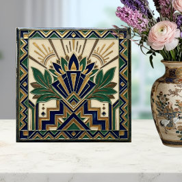 Art Deco Lotus Floral Navy Blue Gold Green Pattern Fliese