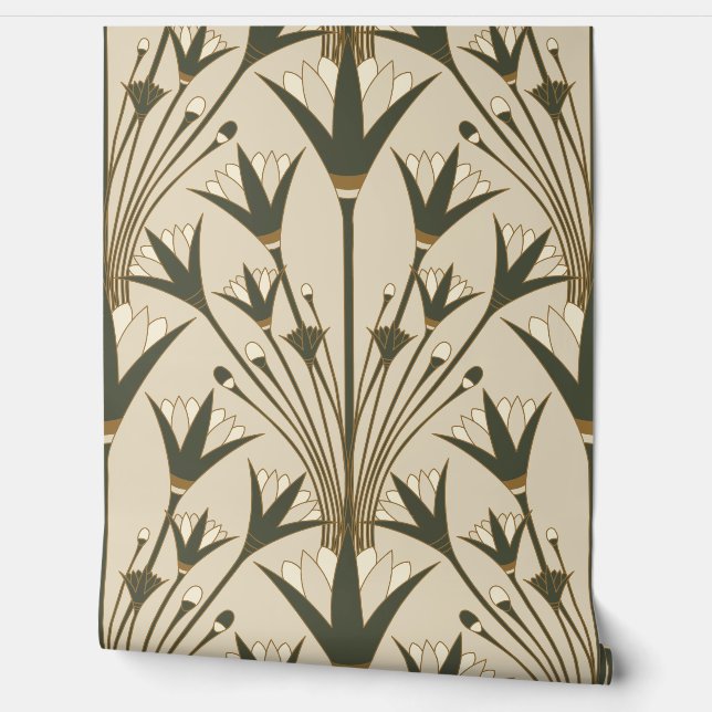 Art Deco Lotus - Scallop Lotus - Brown & Green Tapete (Abrollen)