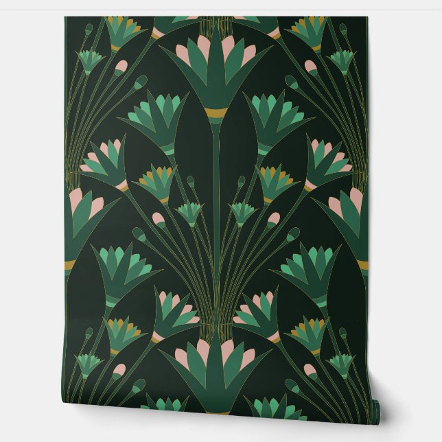 Art Deco Lotus - Scallop Lotus - Emerald Green Tapete (Abrollen)