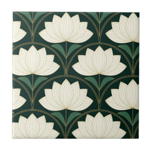 Art Deco Lotusblumen auf goldenen Fächern  Fliese