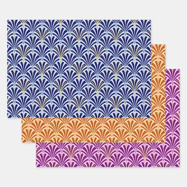 Art Deco Lüftermuster, Dunkelblau, Orange, Violet Geschenkpapier Set (Set)