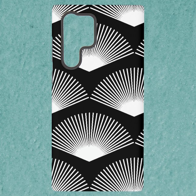 Art Deco Lüftermuster Schwarz-Weiß Samsung Galaxy Hülle (A phone case with a white fan art deco pattern on a black background.)