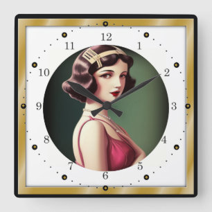 Art Deco Mädchen Quadratische Wanduhr