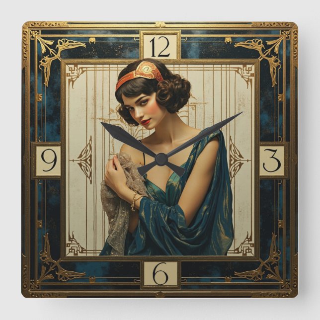 Art Deco Mädchen Quadratische Wanduhr (Vorderseite)
