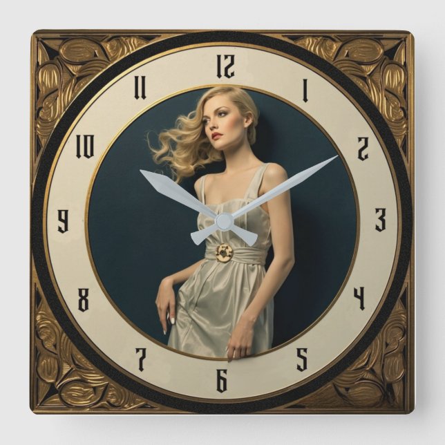 Art Deco Mädchen Quadratische Wanduhr (Vorderseite)