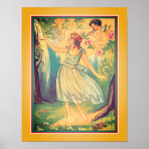 Art Deco "Mädchen und Cupid am Wasserfall" Poster