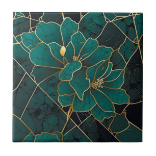 Art Deco Marble Mosaik Floral Emerald Green & Gold Fliese
