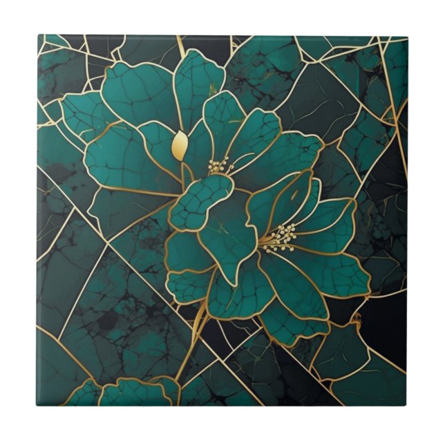 Art Deco Marble Mosaik Floral Emerald Green & Gold Fliese (Vorderseite)