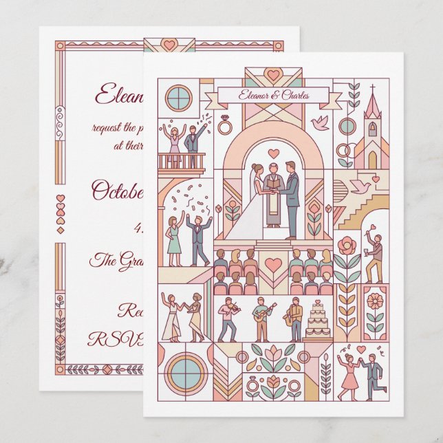 Art Deco Märchenhochzeit Einladung (Vorne/Hinten)