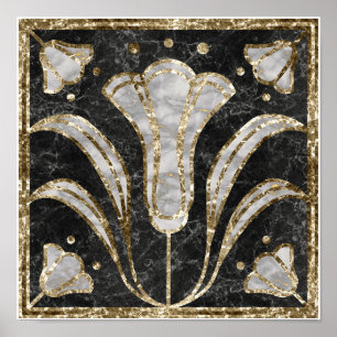 Art Deco Marmor Tile Floral. Bluebell-Blume Poster