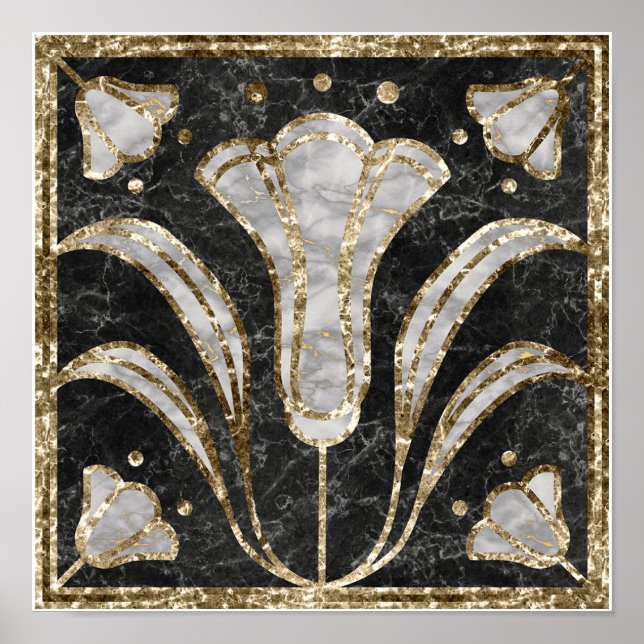 Art Deco Marmor Tile floral. Bluebell-Blume Poster (Vorne)