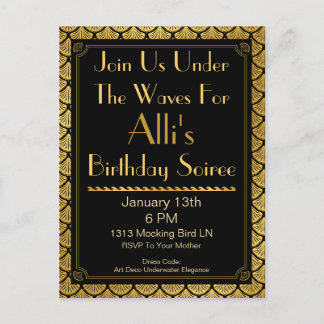 Art Déco Meerjungfrauenskala - Schwarz & Gold Einladungspostkarte