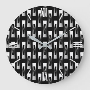 Art Déco Metallic Geometric - Silber und Schwarz Große Wanduhr