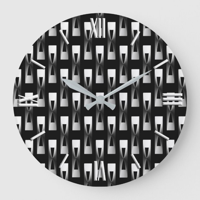 Art Déco Metallic Geometric - Silber und Schwarz Große Wanduhr (Vorderseite)