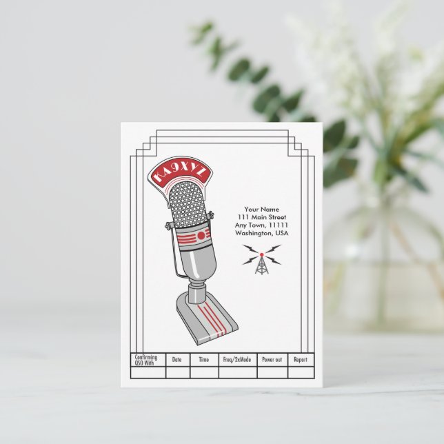 Art Deco Mikrofon und Transmitter QSL Postkarte (Stehend Vorderseite)