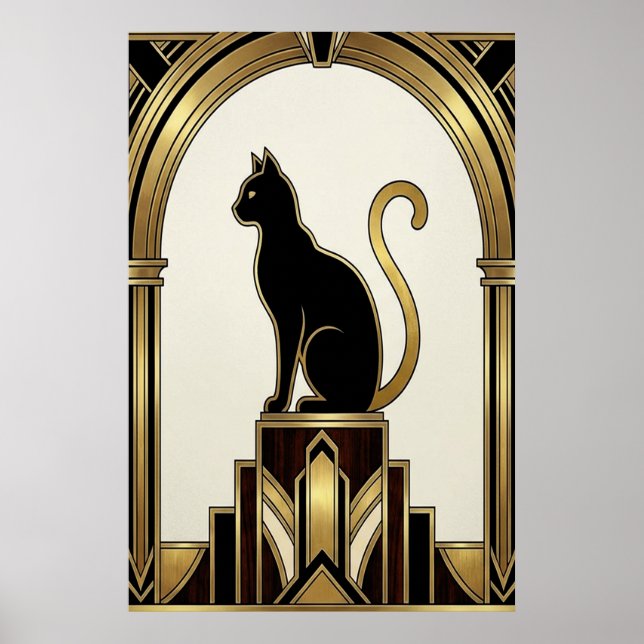 Art Deco Minimalist Noir Torbogen Katze Poster (Vorne)