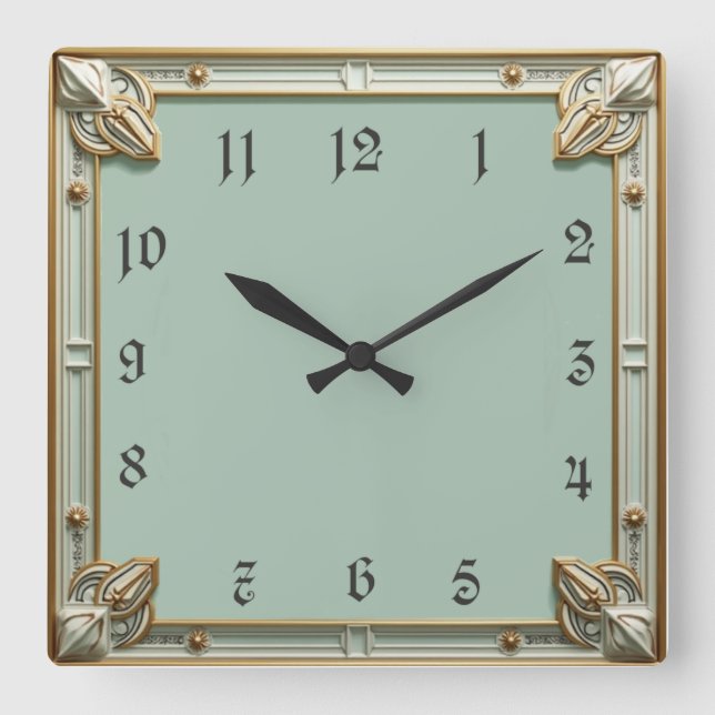 Art Deco Mint Quadratische Wanduhr (Vorderseite)