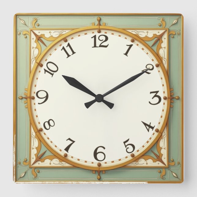 Art Deco Mint Quadratische Wanduhr (Vorderseite)