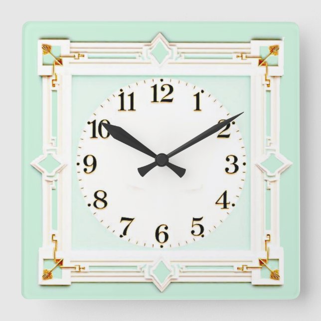 Art Deco Mint Quadratische Wanduhr (Vorderseite)