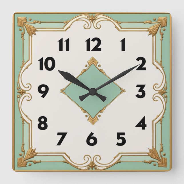 Art Deco Mint Quadratische Wanduhr (Vorderseite)