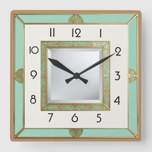 Art Deco Mint Quadratische Wanduhr (Vorderseite)