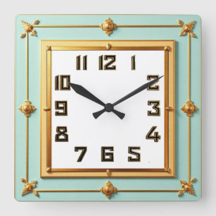 Art Deco Mint und Gold Quadratische Wanduhr