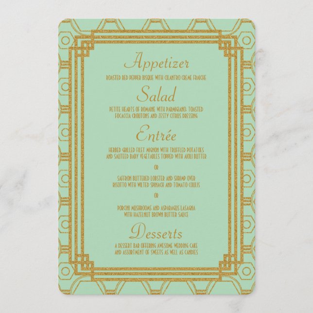 Art Deco Minz Hochzeitsmenü Menükarte (Vorderseite)