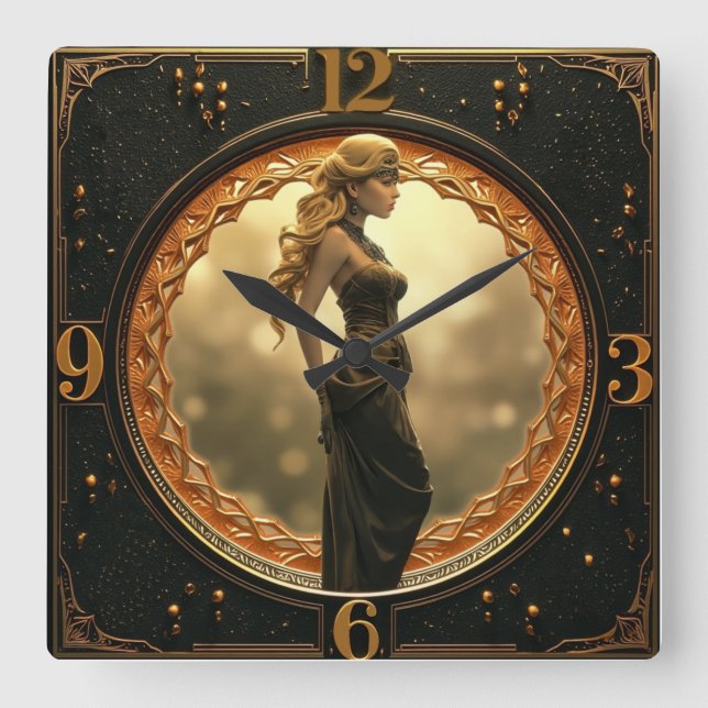 Art Deco mit Fantasy-Mädchen Quadratische Wanduhr (Vorderseite)