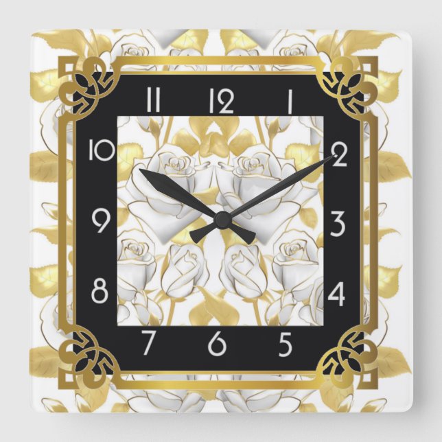 Art Déco mit goldenen Rose Quadratische Wanduhr (Vorderseite)