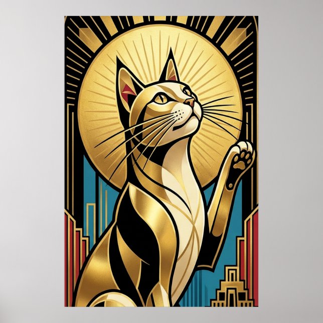 Art Deco Modern Golden Tuxedo Cat Wall Art Poster (Vorne)