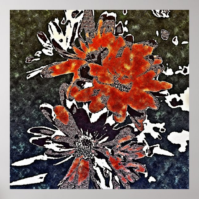 Art Deco Moderne Blume Blumenrot - Poster (Vorne)