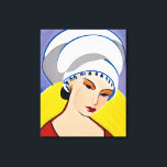 Art Deco Moderne Dame in einem Turban Leinwanddruck<br><div class="desc">Leinwand in einem modernen,  halb abstrakten Art-Déco-Porträt einer Dame in Rot mit weißem Turban,  gelb und blau-grau-Hintergrund inspiriert</div>