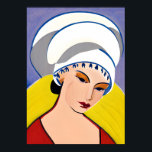 Art Deco Moderne Dame in einem Turban Poster<br><div class="desc">Poster in einem modernen,  halb abstrakten Art-Déco-Portrait einer Dame in Rot mit weißem Turban,  gelb und blau-grau-Hintergrund</div>