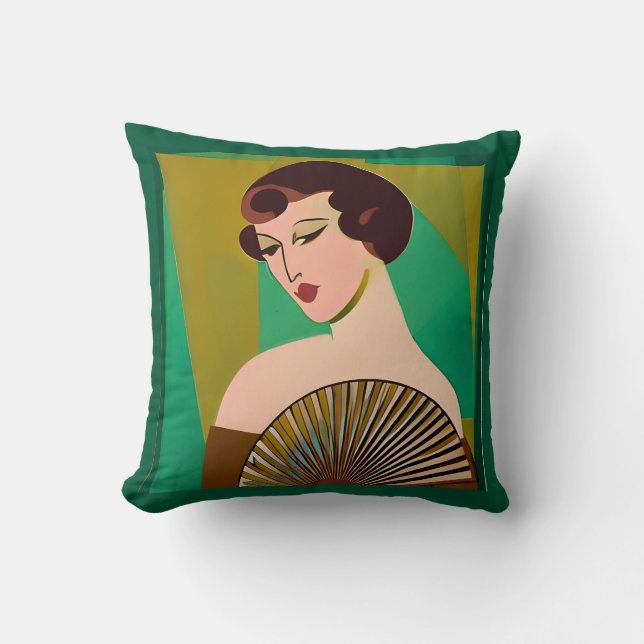 Art Deco Moderne Dame mit Fan Kissen (Vorderseite)