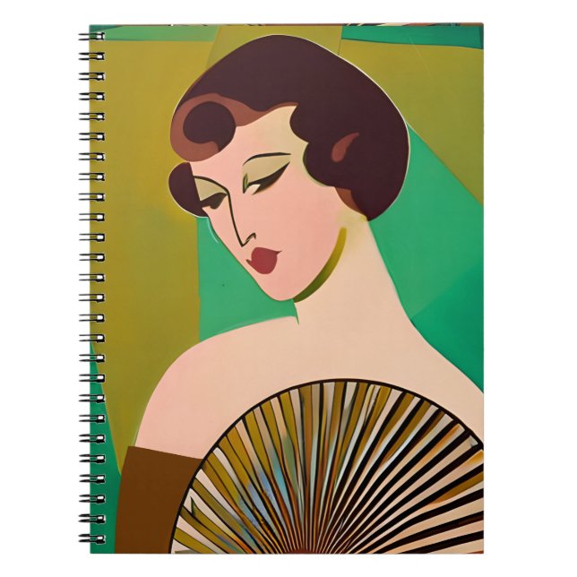 Art Deco Moderne Dame mit Fan Notizblock (Vorderseite)