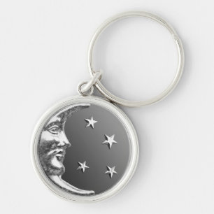 Art Deco Mond und Sterne - Grau und Silber Schlüsselanhänger