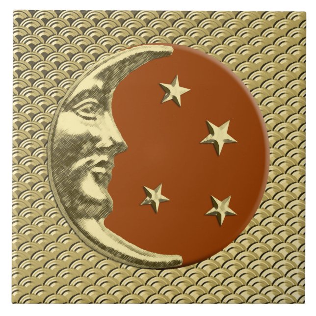 Art-Deco-Mond und Sterne - Rostbraun und Gold Fliese (Vorderseite)