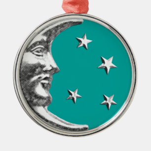 Art Deco Mond und Sterne - Türkis & Silber Ornament Aus Metall