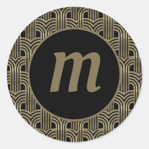 Art Deco Monogram Gold und Black Runder Aufkleber