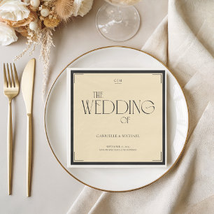 Art Deco Monogram Hochzeitsserviette Schwarz Creme Serviette