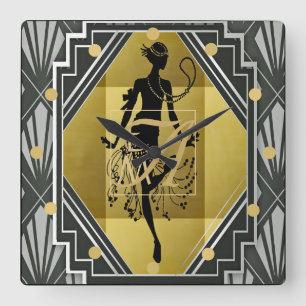 Art Deco Monogramm Flapperin der 1920er Jahre Frau Quadratische Wanduhr