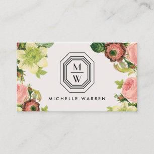 Art Deco-Monogramm mit Vintage-Blumen auf Beige Visitenkarte