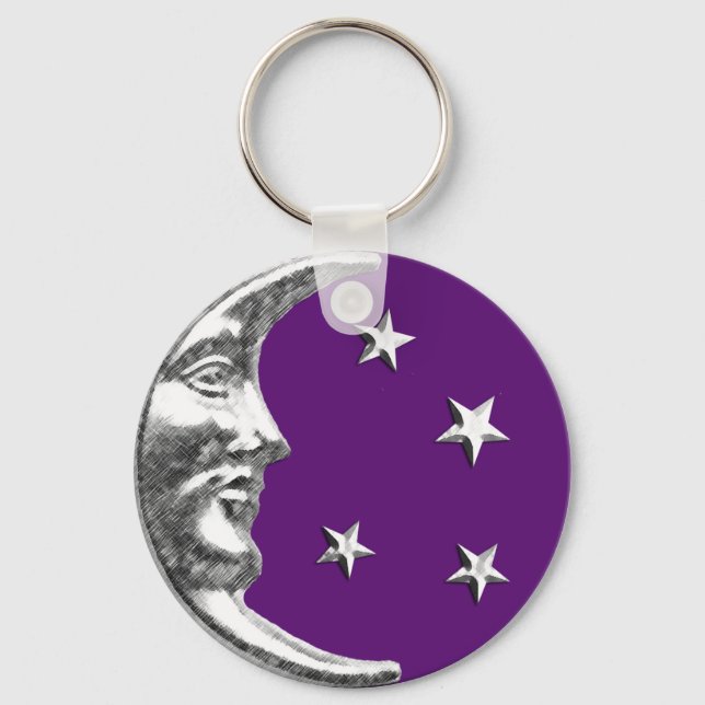 Art Deco Moon and Stars - Amethyst Lila & Silver Schlüsselanhänger (Vorderseite)