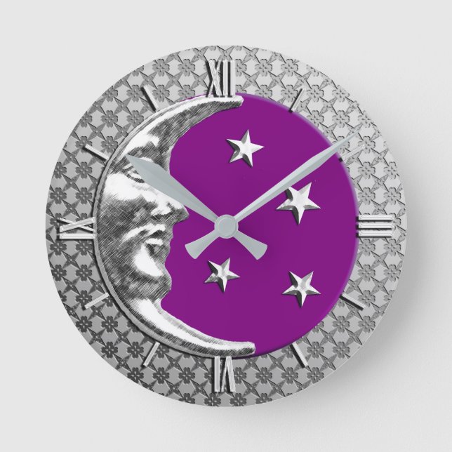 Art Deco Moon and Stars, Amethyst und Silber Runde Wanduhr (Vorderseite)