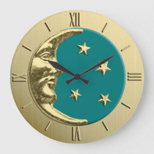 Art Deco Moon and Stars - Aquamarin und Gold Große Wanduhr